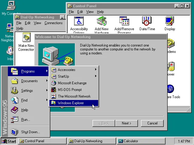 Escritorio de Microsoft Windows 95 con la barra de tareas.